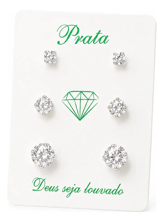 Kit Trio Brincos Prata 925 Redondo Ponto De Luz 3/4/5 Mm Prateado - Imagem 1