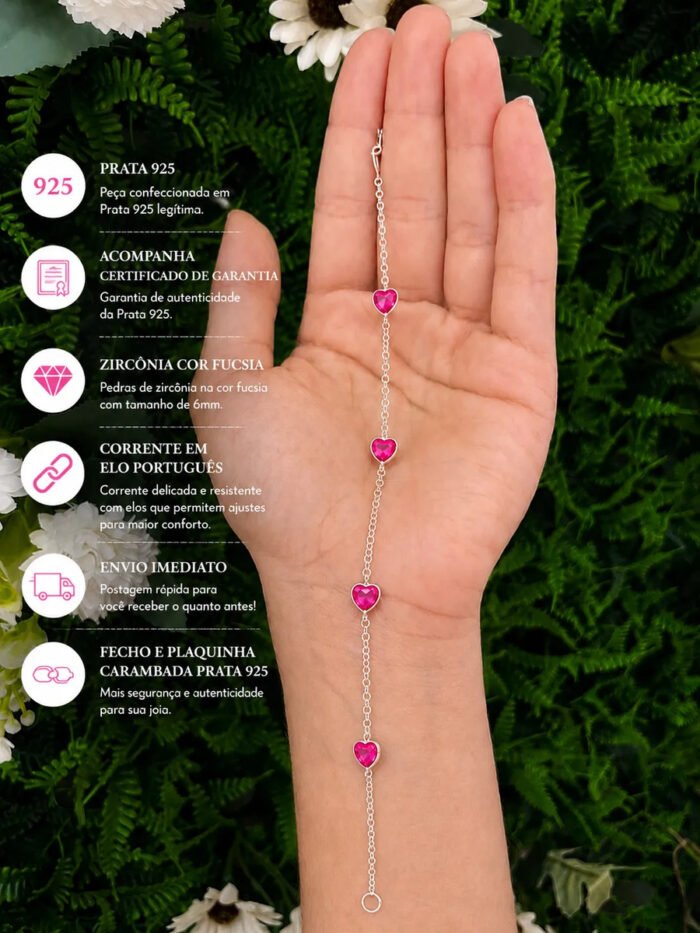 Pulseira Prata 925 Feminina Coração Zirconia Pink Tam 18cm Prateado 18 Cm - Imagem 2