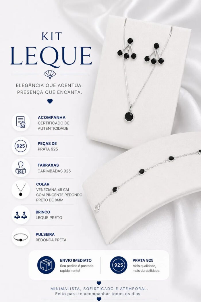 Kit Conjunto Preto Prata 925 Feminino Colar Pulseira Brincos Prateado - Imagem 2