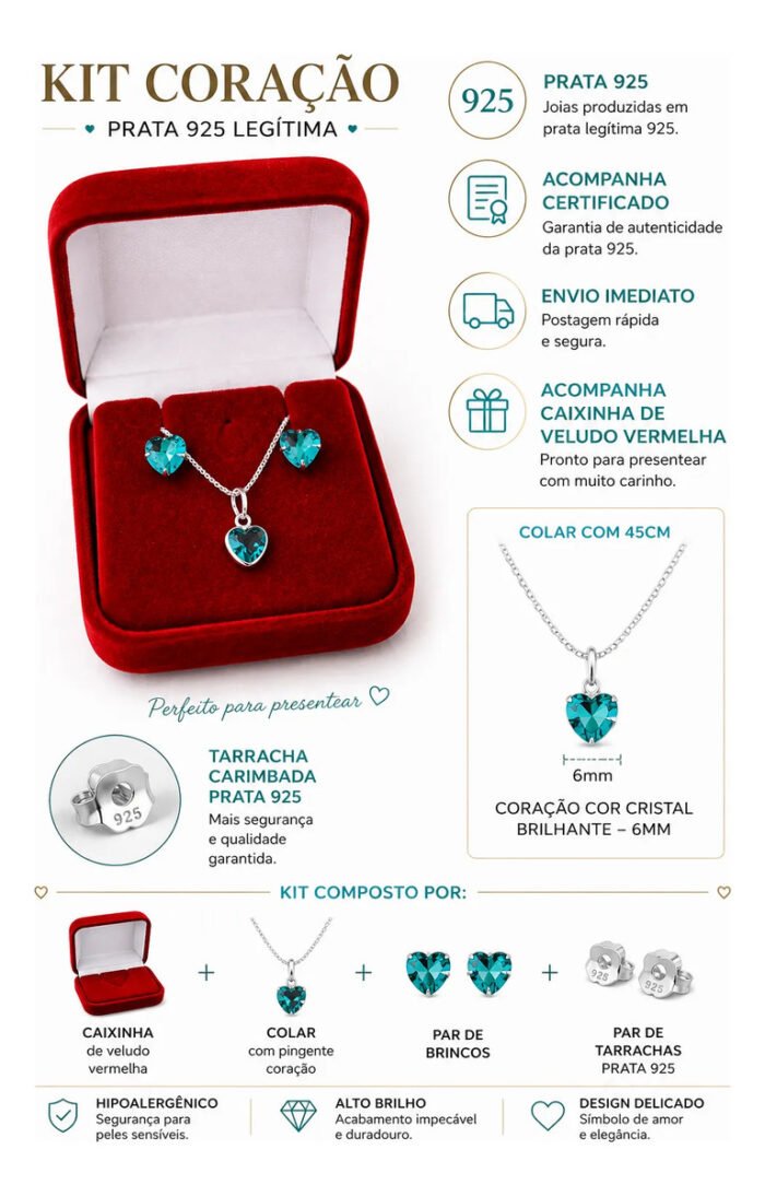 Colar E Brincos Feminino Ponto De Luz Coração Prata Pura 925 Prateado - Imagem 2
