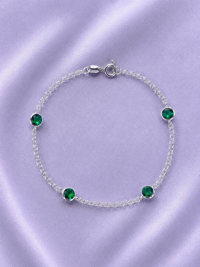 Pulseira Prata 925 Feminina Redonda Zircônia Verde 18 Cm Prateado 18 Cm - Imagem 3