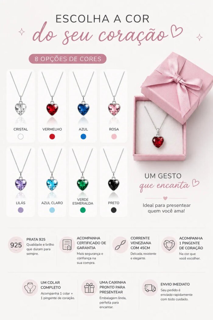 Colar Feminino Ponto De Luz Coracao Prata 925 Caixinha Branco - Imagem 2