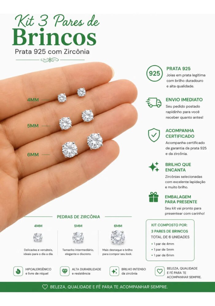 Kit Trio Brincos Prata 925 Redondo Ponto De Luz 4/5/6 Mm Prateado - Imagem 2