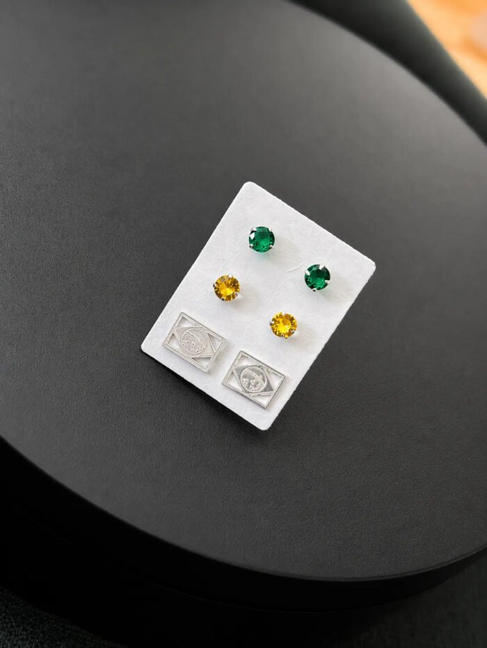 Kit Brincos Prata 925 Ponto De Luz Verde Amarelo Brasil Femi Prateado - Imagem 3