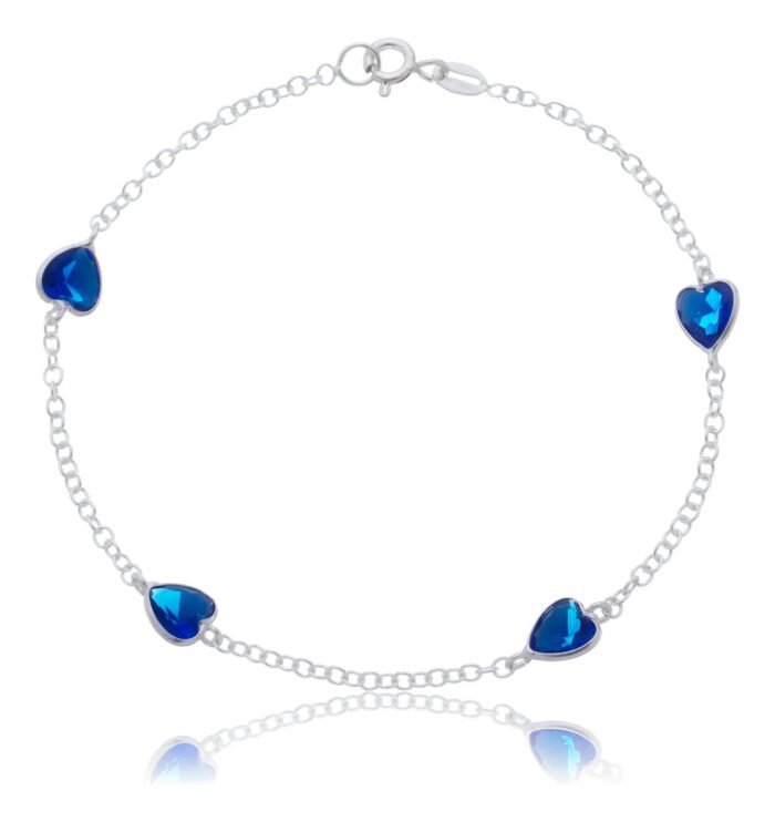 Pulseira Prata 925 Feminina Coração Zircônia Azul Bic 18 Cm Prateado 18 Cm - Imagem 1