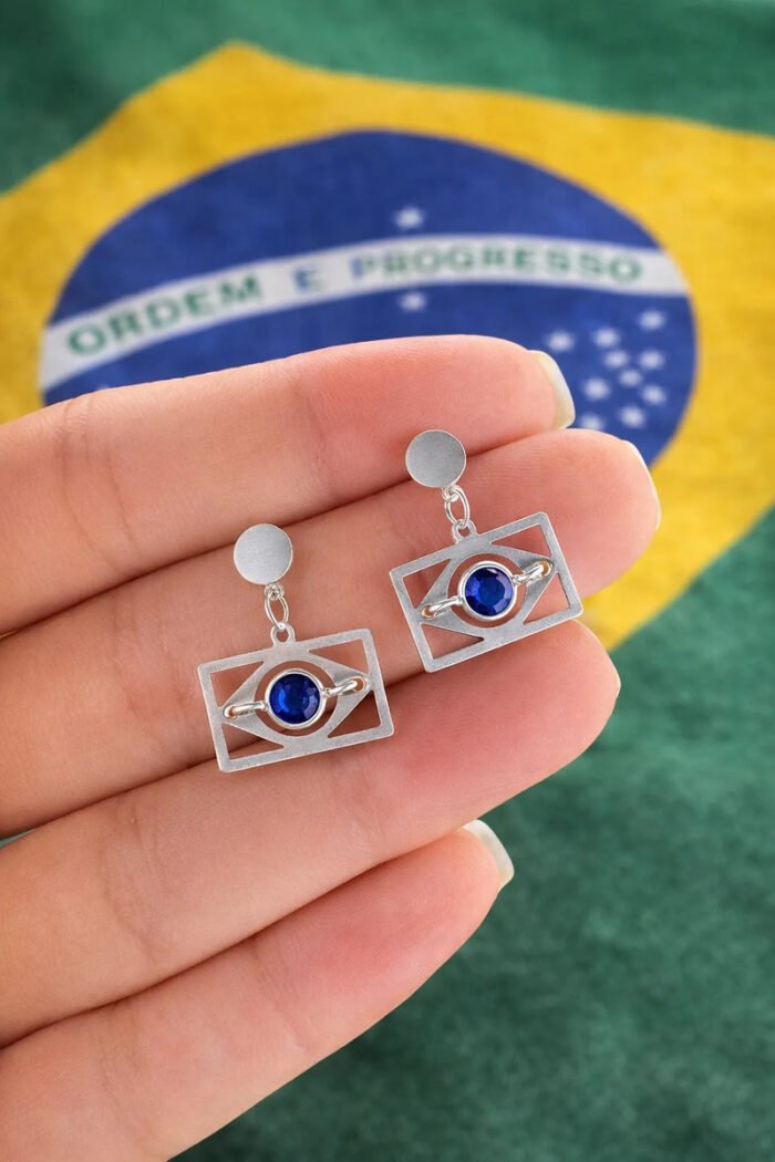 Brinco Brasil Prata 925 Legitima Pendurada Bandeira Brasil Prateado - Imagem 3