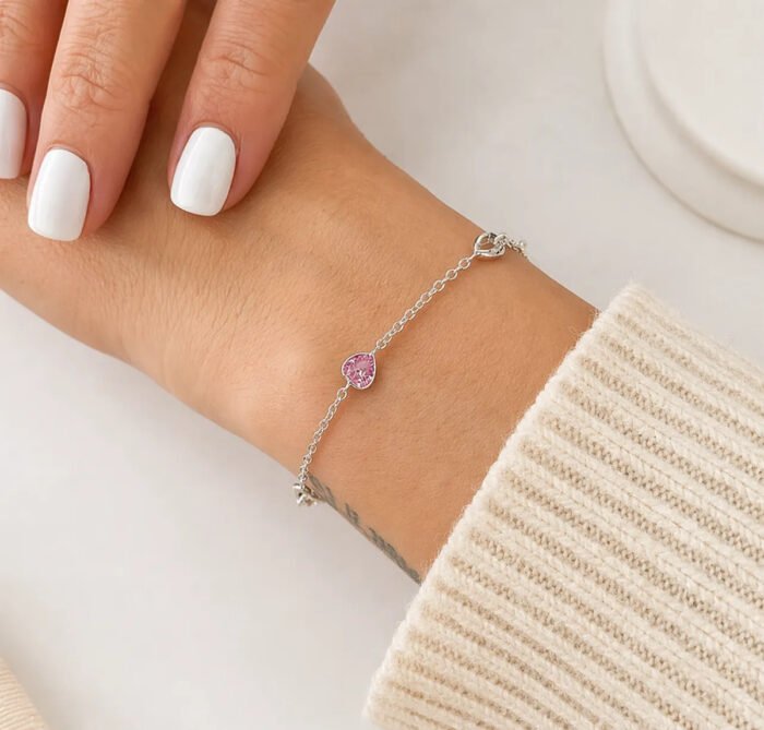 Pulseira Prata 925 Feminina Coração Zirconia Rosa Tam 18cm Prateado 18 Cm - Imagem 3