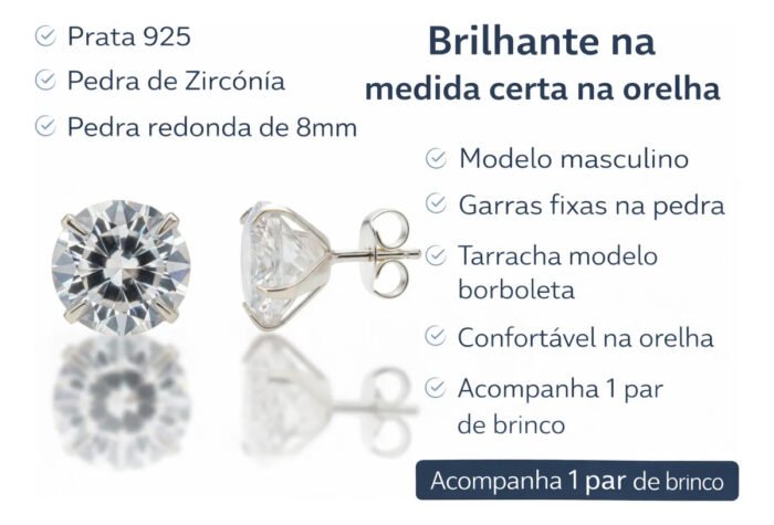 Par Brinco Masculino Prata Pura 925 Pedra Redonda Zircônia 8 Prateado - Imagem 2