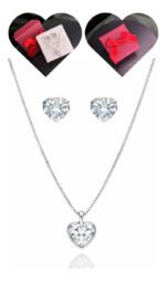 Kit Conjunto Prata 925 Feminino Coração Zircônia Cristal Prateado