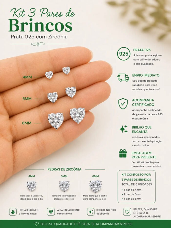Kit Trio Brinco Coração Prata 925 Zircônia Ponto De Luz Prateado - Imagem 2