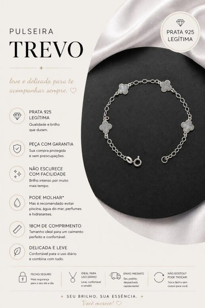 Pulseira Trevo Prata 925 Feminina Delicada Ajustável Prateado 18 Cm - Imagem 2