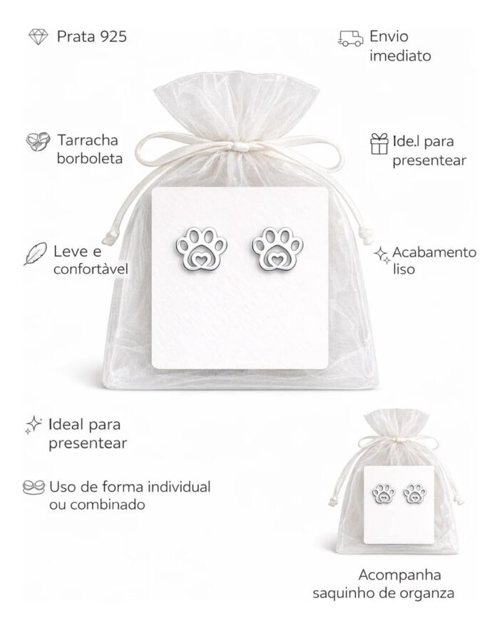 Par Brinco Pet Patinha Prata 925 Legitima Delicado Feminino Prateado - Imagem 2
