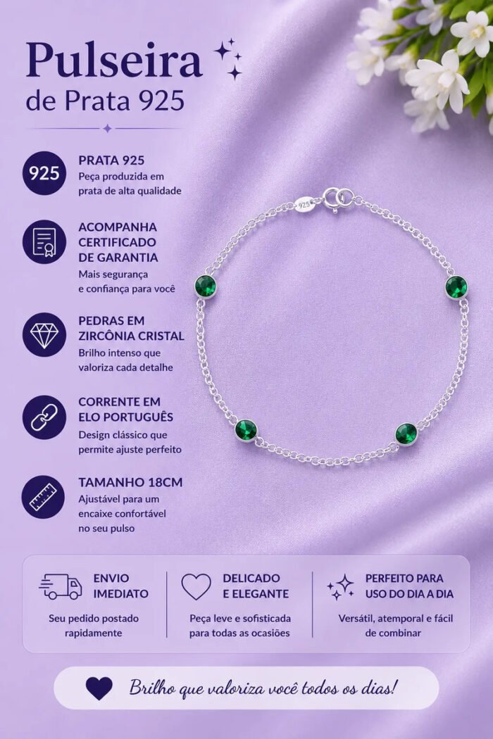 Pulseira Prata 925 Feminina Redonda Zircônia Verde 18 Cm Prateado 18 Cm - Imagem 2