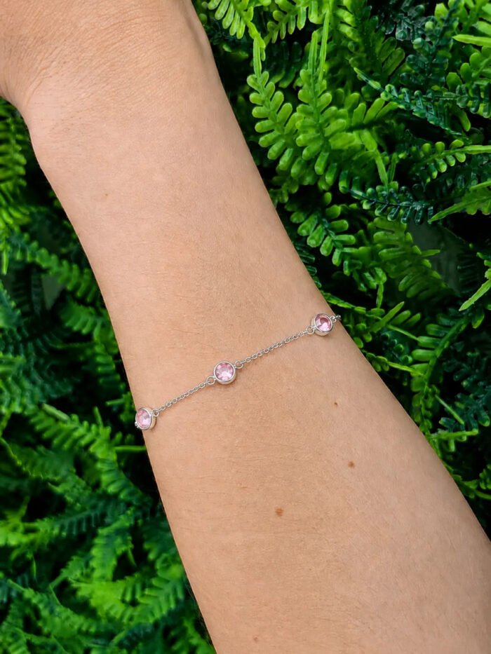 Pulseira Prata 925 Feminina Redonda Zircônia Rosa 18 Cm Prateado 18 Cm - Imagem 4