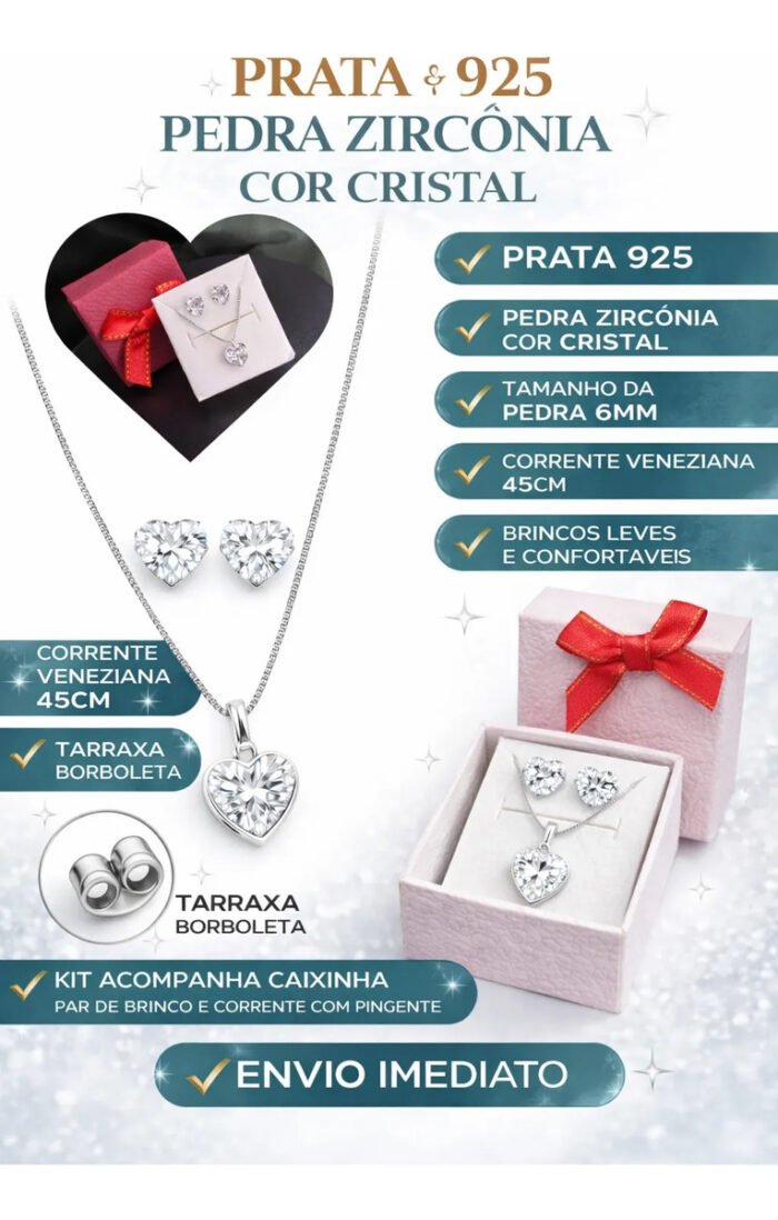 Kit Conjunto Prata 925 Feminino Coração Zircônia Cristal Prateado - Imagem 2