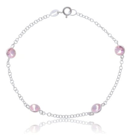 Pulseira Prata 925 Feminina Redonda Zircônia Rosa 18 Cm Prateado 18 Cm