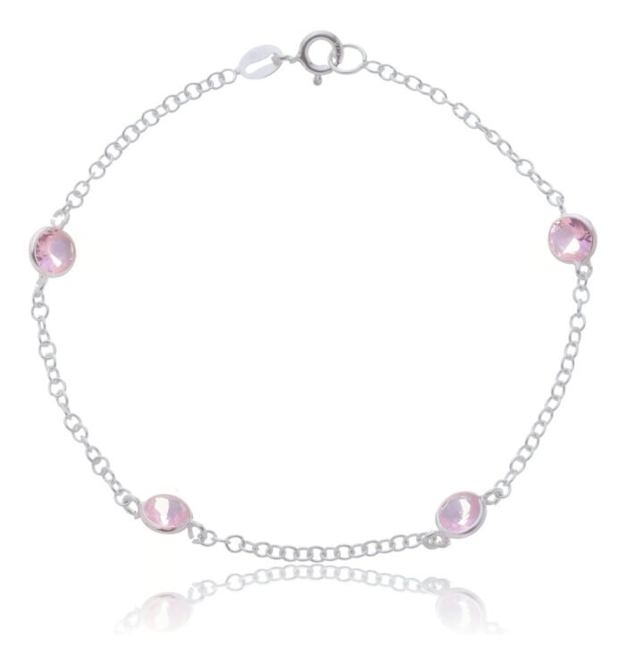 Pulseira Prata 925 Feminina Redonda Zircônia Rosa 18 Cm Prateado 18 Cm - Imagem 1