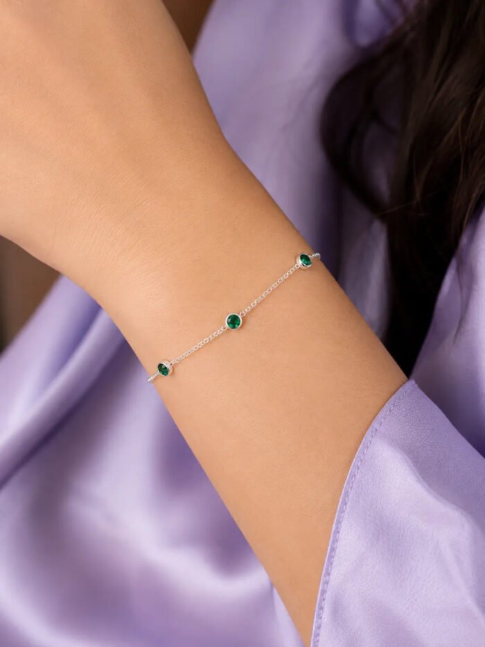 Pulseira Prata 925 Feminina Redonda Zircônia Verde 18 Cm Prateado 18 Cm - Imagem 4