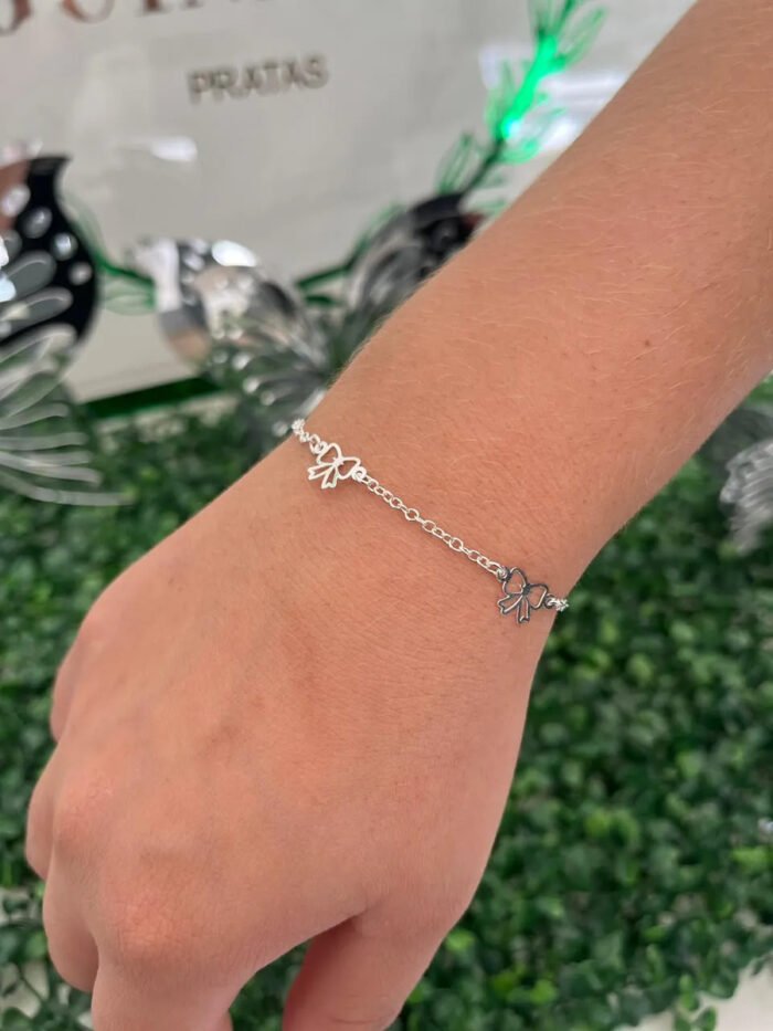 Pulseira Laços Prata 925 Feminina Delicada Ajustável Prateado 18 Cm - Imagem 3