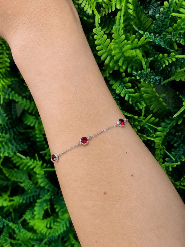Pulseira Prata 925 Feminina Redonda Zircônia Vermelha 18 Cm Prateado 18 Cm - Imagem 3