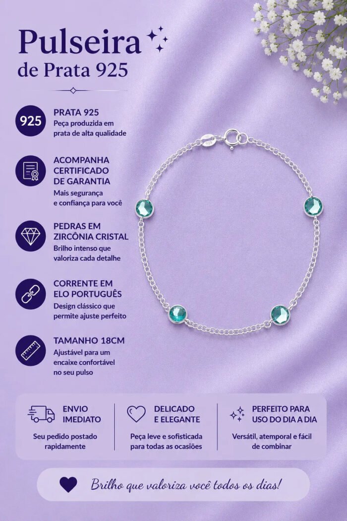 Pulseira Prata 925 Feminina Redonda Zircônia Turmalina 18 Cm Prateado 18 Cm - Imagem 2