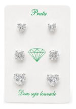 Kit Trio Brinco Coração Prata 925 Zircônia Ponto De Luz Prateado