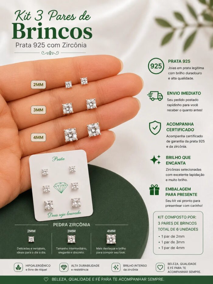 Kit Trio Brinco Quadrado Prata 925 Zircônia Ponto De Luz Prateado - Imagem 2