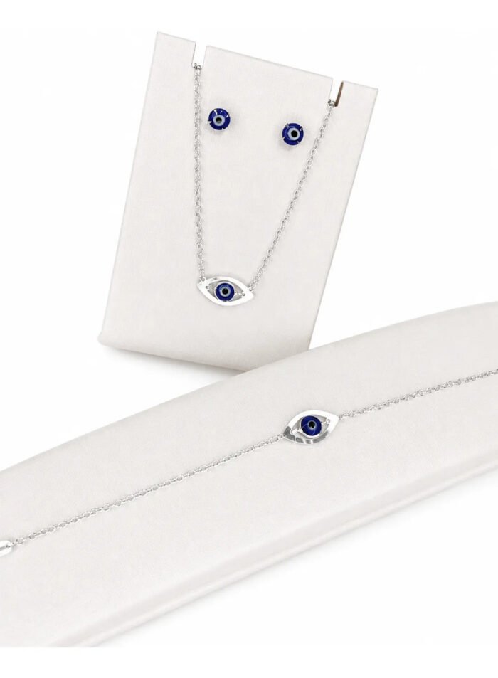 Kit Olho Grego Prata 925 Gargantilha + Pulseira + Brincos Prateado - Imagem 1