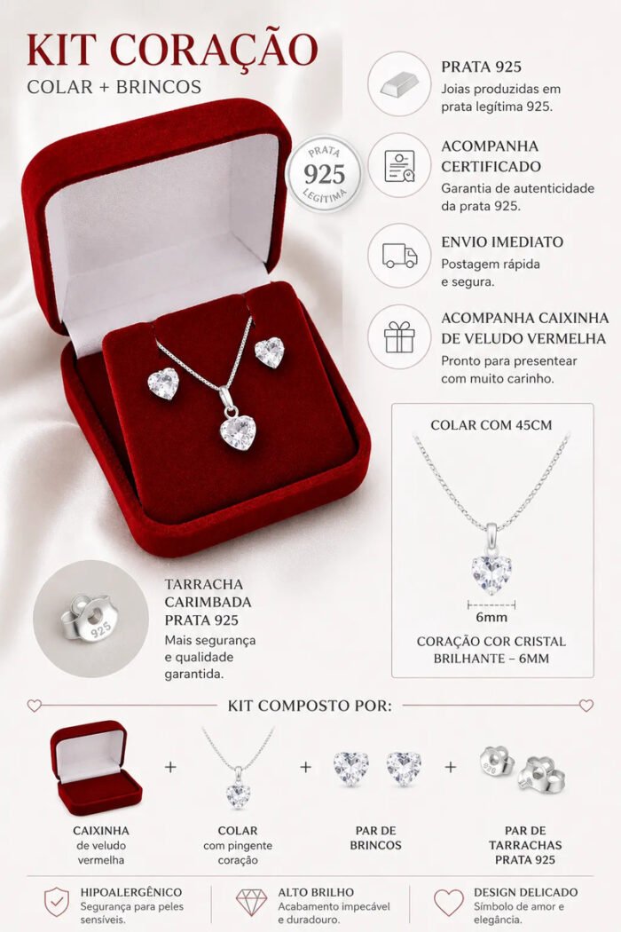 Colar E Brincos Feminino Ponto De Luz Coração Prata Pura 925 Prateado - Imagem 2