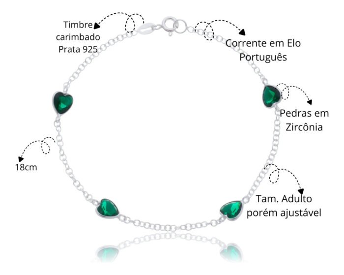 Pulseira Prata 925 Feminina Coração Zircônia Esmeralda 18 Cm Prateado 18 Cm - Imagem 2