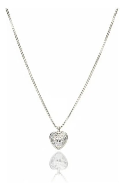 Colar Feminino Prata 925 Ponto De Luz Zircônia Coração 45cm Prateado