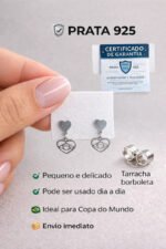 Brinco Brasil Prata 925 Coração Pendurado Delicado Copa Prateado - Imagem 2