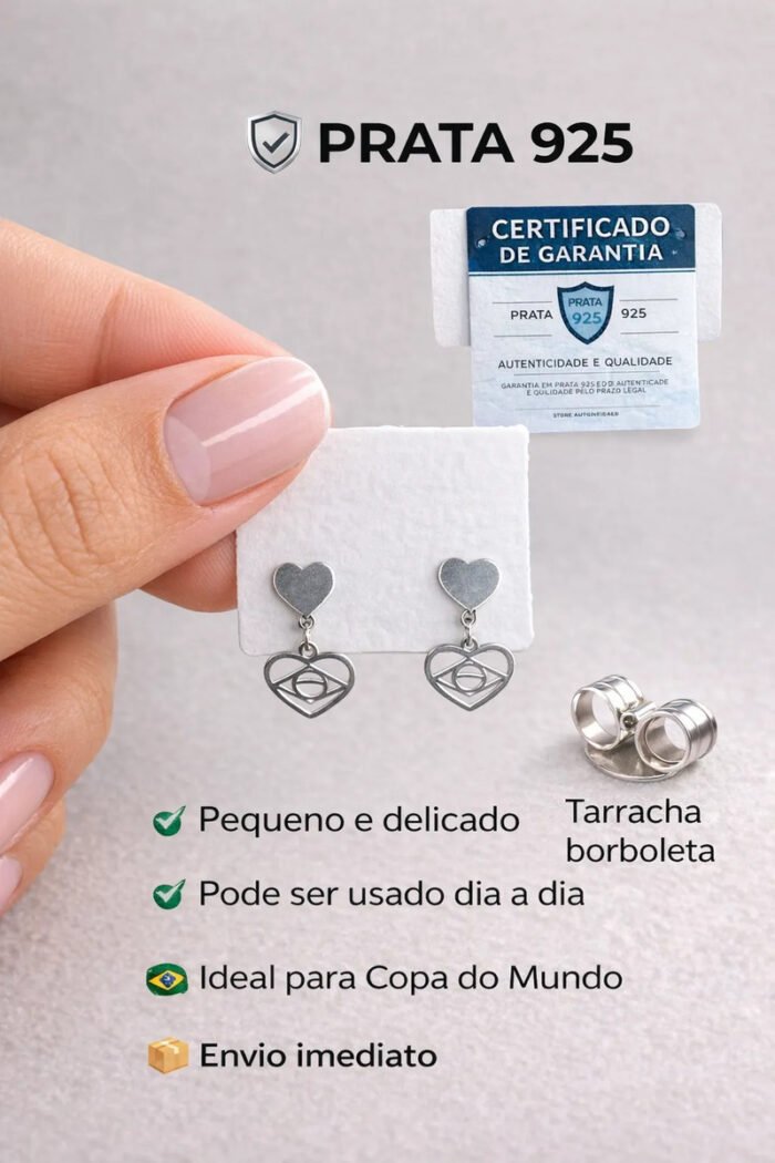 Brinco Brasil Prata 925 Coração Pendurado Delicado Copa Prateado - Imagem 2