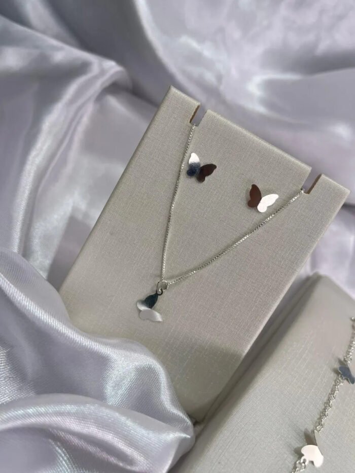 Kit Conj Borboleta Prata 925 Gargantilha Pulseira Brincos Prateado - Imagem 3