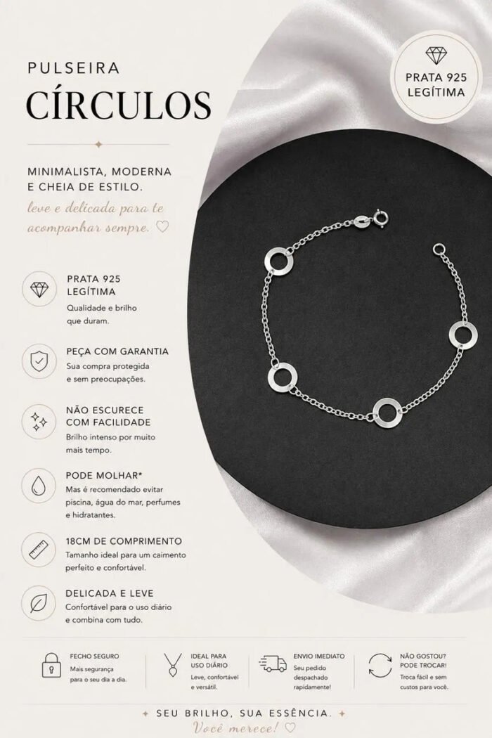 Pulseira Prata 925 Feminina Circulos Ajustavel Delicada Prateado 18 Cm - Imagem 2