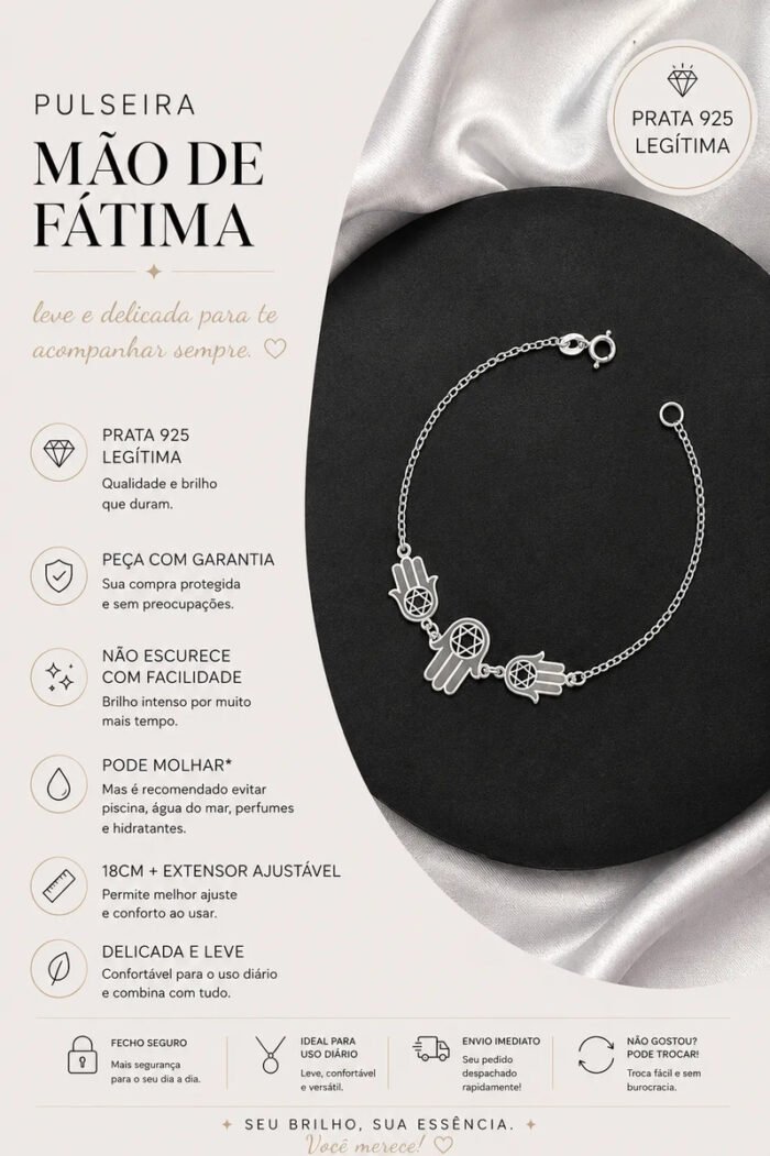 Pulseira Mão De Fátima Patuá Prata 925 Feminina Ajustável Prateado 18 Cm - Imagem 2