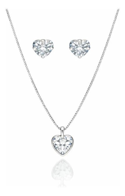 Kit Conjunto Prata 925 Feminino Coração Zircônia Cristal Prateado