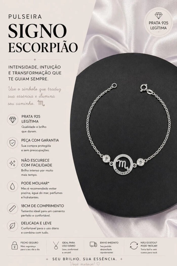 Pulseira Signo Prata 925 Feminina Medalha Pingente Escorpião 18 Cm - Imagem 2