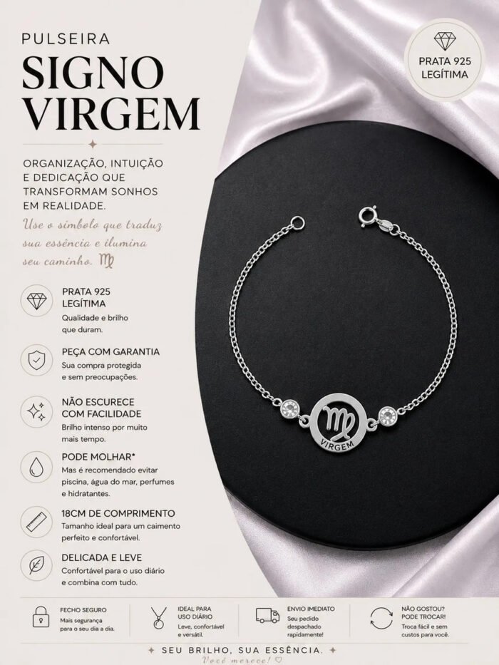 Pulseira Signo Prata 925 Feminina Medalha Pingente Virgem 18 Cm - Imagem 2