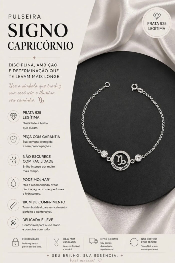 Pulseira Signo Prata 925 Feminina Medalha Pingente Capricórnio 18 Cm - Imagem 2