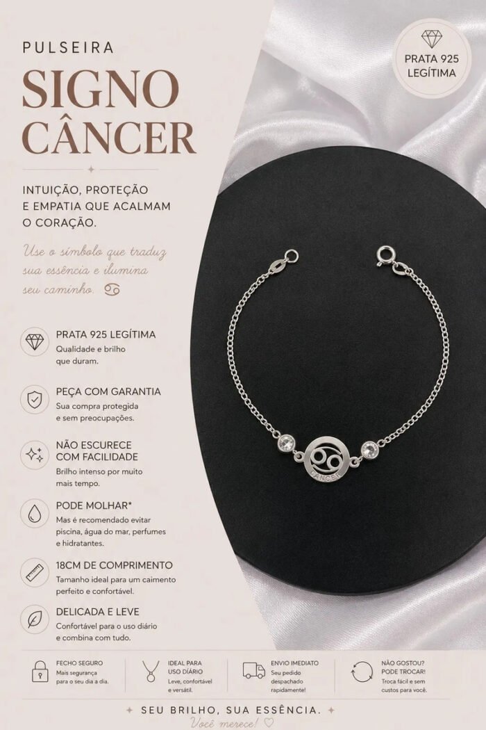 Pulseira Signo Prata 925 Feminina Medalha Pingente Câncer 18 Cm - Imagem 2