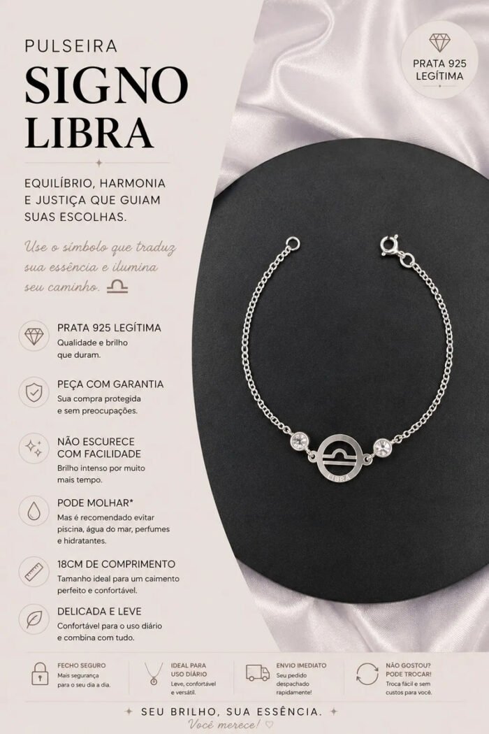 Pulseira Signo Prata 925 Feminina Medalha Pingente Libra 18 Cm - Imagem 2