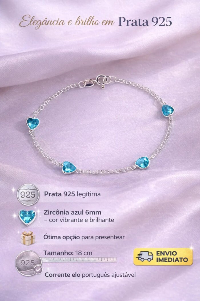 Pulseira Prata 925 Feminina Coração Zirconia Azul Tam 18cm Prateado 18 Cm - Imagem 2