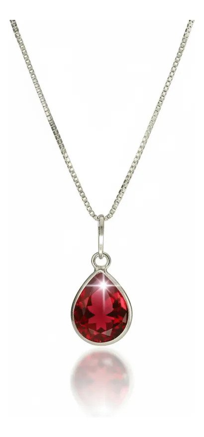 Colar Feminino Ponto De Luz Gota Prata 925 Caixinha Vermelho