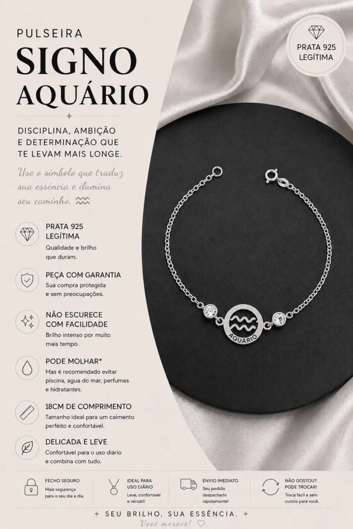 Pulseira Signo Prata 925 Feminina Medalha Pingente Aquario 18 Cm - Imagem 2