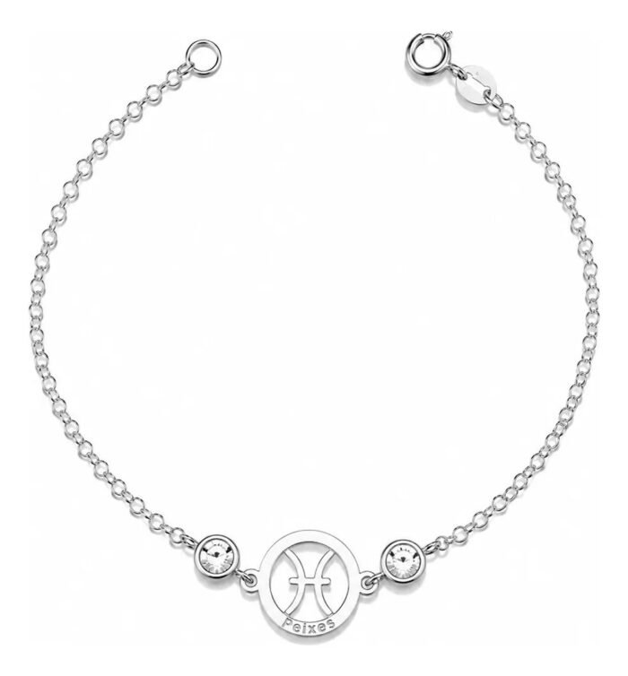Pulseira Signo Prata 925 Feminina Medalha Pingente Peixes 18 Cm - Imagem 1