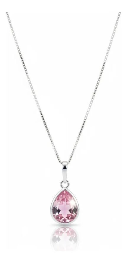 Colar Feminino Ponto De Luz Gota Prata 925 Caixinha Rosa