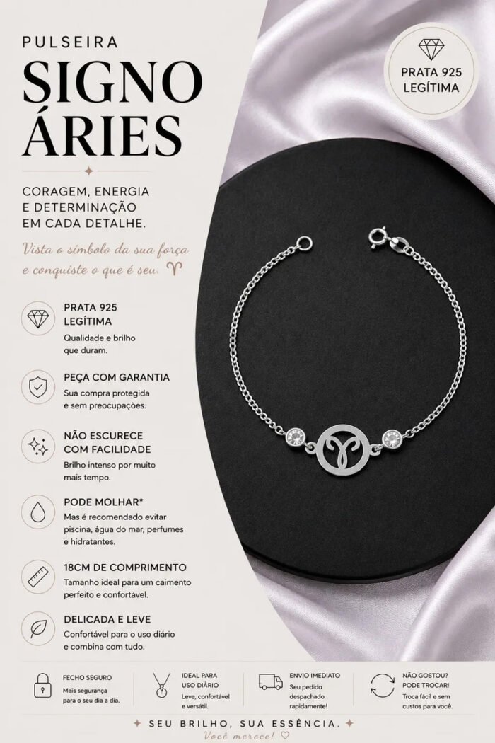 Pulseira Signo Prata 925 Feminina Medalha Pingente Aries 18 Cm - Imagem 2