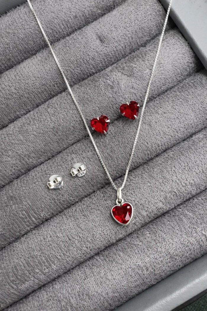 Kit Conjunto Prata 925 Feminino Coração Zircônia Vermelho Prateado - Imagem 8