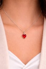 Kit Conjunto Prata 925 Feminino Coração Zircônia Vermelho Prateado - Imagem 5